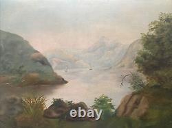 Antique Hudson School Oil On Board Painting Mountains Sailboats Maritime 18 X 24