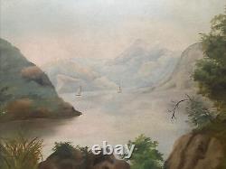 Antique Hudson School Oil On Board Painting Mountains Sailboats Maritime 18 X 24