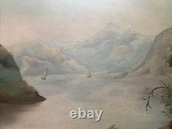 Antique Hudson School Oil On Board Painting Mountains Sailboats Maritime 18 X 24