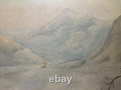 Antique Hudson School Oil On Board Painting Mountains Sailboats Maritime 18 X 24