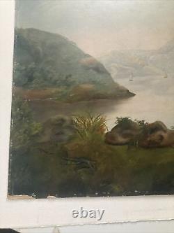 Antique Hudson School Oil On Board Painting Mountains Sailboats Maritime 18 X 24