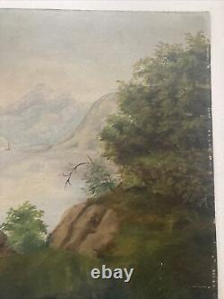 Antique Hudson School Oil On Board Painting Mountains Sailboats Maritime 18 X 24