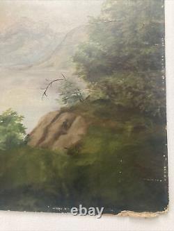 Antique Hudson School Oil On Board Painting Mountains Sailboats Maritime 18 X 24