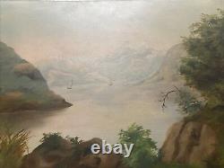 Antique Hudson School Oil On Board Painting Mountains Sailboats Maritime 18 X 24