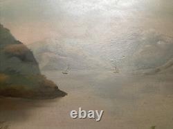 Antique Hudson School Oil On Board Painting Mountains Sailboats Maritime 18 X 24