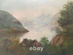 Antique Hudson School Oil On Board Painting Mountains Sailboats Maritime 18 X 24