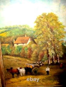 Antique Impressionist Landscape Oil Painting Huge Germany Folk Art Cattle House