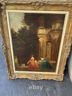 Antique Karoly Ferenczy Women With Dog Oil Painting Hungarian Artist