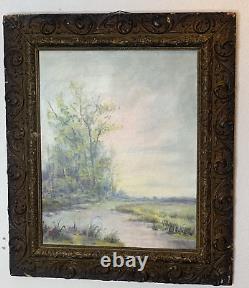 Antique Landscape Oil Painting on Board Wood Carved Framed Signed 22 x 26