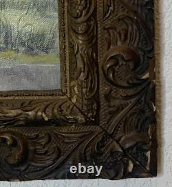 Antique Landscape Oil Painting on Board Wood Carved Framed Signed 22 x 26