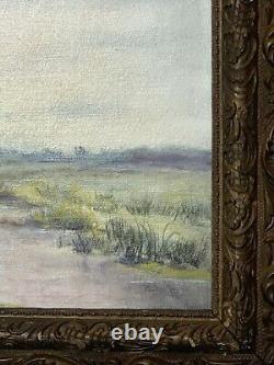 Antique Landscape Oil Painting on Board Wood Carved Framed Signed 22 x 26