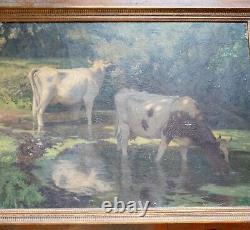 Antique Large 19th C. Impressionist Oil on Canvas Painting of Cows Signed