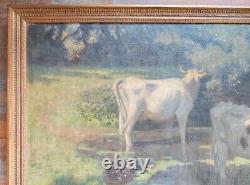 Antique Large 19th C. Impressionist Oil on Canvas Painting of Cows Signed