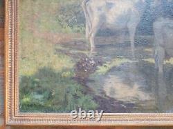 Antique Large 19th C. Impressionist Oil on Canvas Painting of Cows Signed