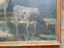 Antique Large 19th C. Impressionist Oil on Canvas Painting of Cows Signed