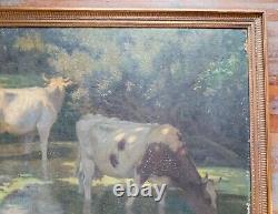 Antique Large 19th C. Impressionist Oil on Canvas Painting of Cows Signed