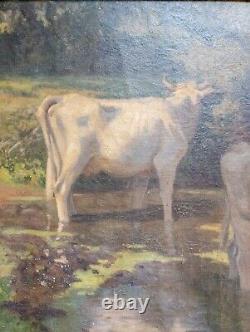 Antique Large 19th C. Impressionist Oil on Canvas Painting of Cows Signed