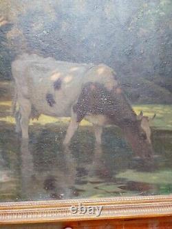 Antique Large 19th C. Impressionist Oil on Canvas Painting of Cows Signed