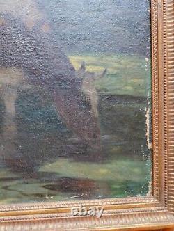 Antique Large 19th C. Impressionist Oil on Canvas Painting of Cows Signed