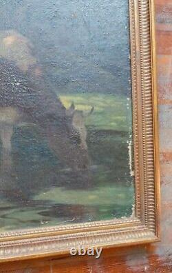 Antique Large 19th C. Impressionist Oil on Canvas Painting of Cows Signed