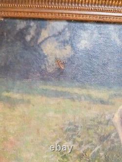 Antique Large 19th C. Impressionist Oil on Canvas Painting of Cows Signed