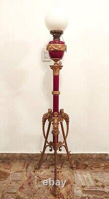 Antique Large 80´´ Adjustable Floor Kerosene Oil Lamp Angel Cherub Figural Legs