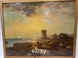 Antique Large American Oil Landscape Painting by Edward Moran U. S. Coast Guard