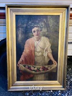 Antique Large Framed Oil Painting Signed 51x36 Women Flowers Canvas Painting