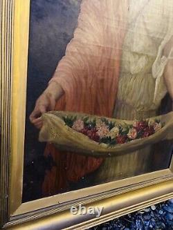 Antique Large Framed Oil Painting Signed 51x36 Women Flowers Canvas Painting