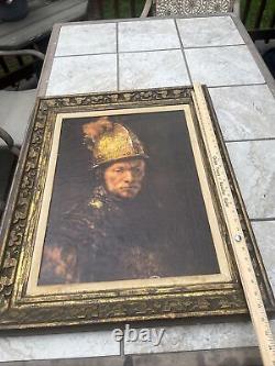 Antique Large Gilt Framed Oil Painting Of Man With Golden Helmet After Rembrandt