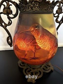 Antique Large Hand Painted Oil Lamp Victorian Woodcock Birds Electrified