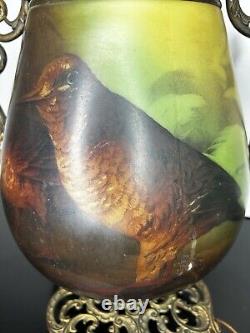 Antique Large Hand Painted Oil Lamp Victorian Woodcock Birds Electrified