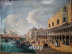 Antique Large Oil On Canvas Painting Of Venice Religned