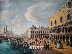 Antique Large Oil On Canvas Painting Of Venice Religned