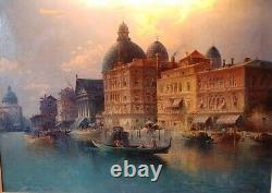 Antique Large Oil On Canvas Painting Of Venice Signed With Gilt Wood Frame