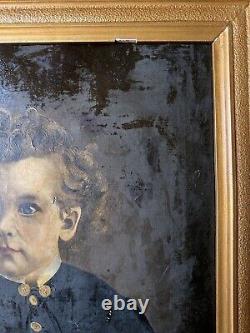 Antique Large Oil Painting Of A Child Gold Gilt Ornate Wood Carved Frame