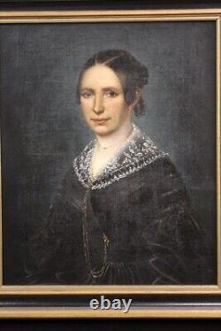 Antique Large Oil on Canvas Elegant Lady Portrait Painting Framed 19th Century