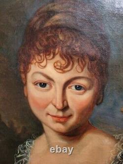 Antique Large Oil on Canvas Painting Noble Lady Portrait Oval Shape Late 18th C