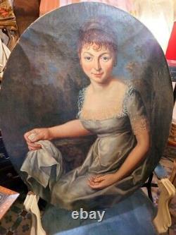Antique Large Oil on Canvas Painting Noble Lady Portrait Oval Shape Late 18th C