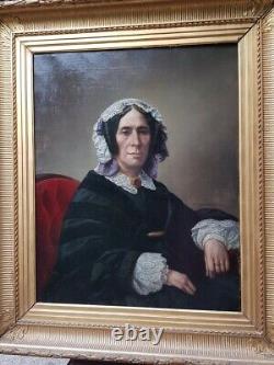 Antique Large Oil on Canvas Painting Woman Lady Portrait Gilt Wood Frame 19th C