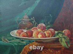 Antique Large Oil on Milk Glass Still Life of Peaches in Ornate Frame 18 x 24