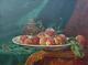 Antique Large Oil On Milk Glass Still Life Of Peaches In Ornate Frame 18 X 24