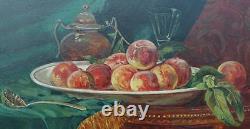 Antique Large Oil on Milk Glass Still Life of Peaches in Ornate Frame 18 x 24