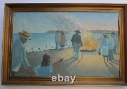 Antique Large Old Painting Modernism Signed Ek Camp Fire Coastal Wpa Ashcan Er