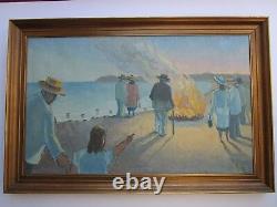 Antique Large Old Painting Modernism Signed Ek Camp Fire Coastal Wpa Ashcan Er