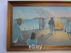 Antique Large Old Painting Modernism Signed Ek Camp Fire Coastal Wpa Ashcan Er