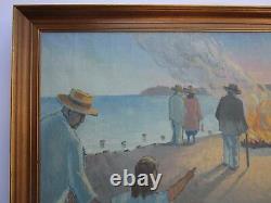 Antique Large Old Painting Modernism Signed Ek Camp Fire Coastal Wpa Ashcan Er