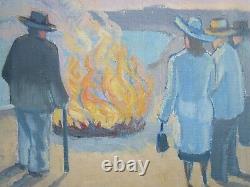 Antique Large Old Painting Modernism Signed Ek Camp Fire Coastal Wpa Ashcan Er