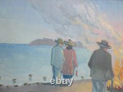 Antique Large Old Painting Modernism Signed Ek Camp Fire Coastal Wpa Ashcan Er