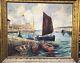 Antique Large Original Oil On Canvas At Italian Boat Harbor Signed G. Gabrielli